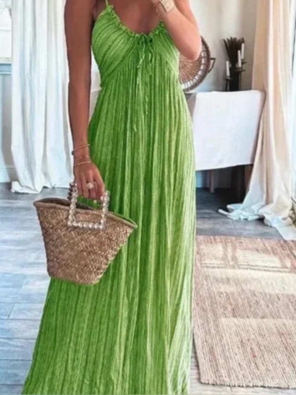 Sleeveless Green Maxi Dress with Adjustable Spaghetti Straps SZ Small